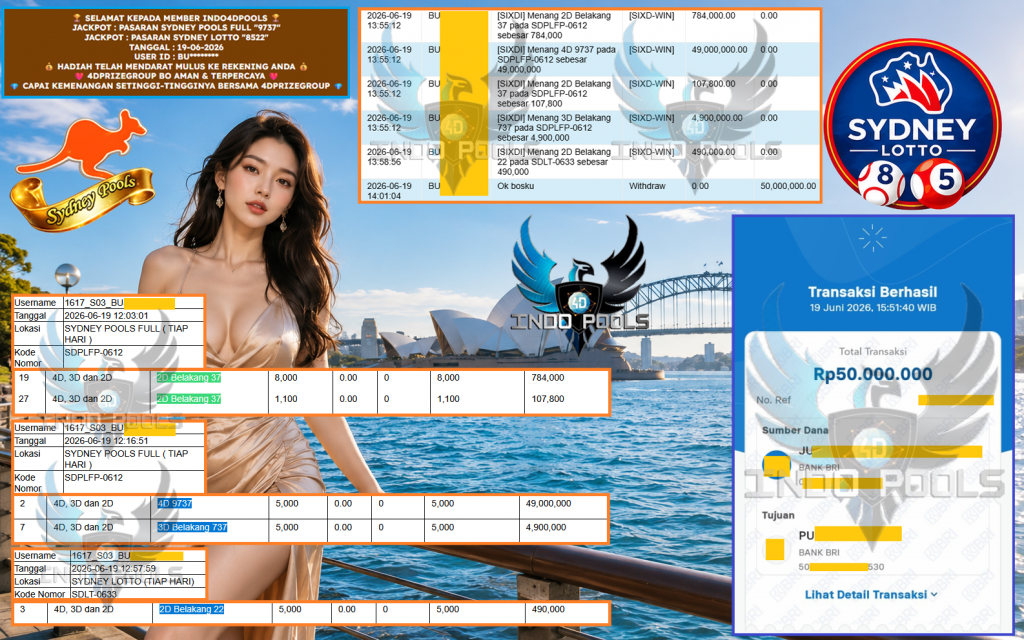 INDO4DPOOLS JACKPOT PASARAN SYDNEY POOLS FULL “9737” & PASARAN SYDNEY LOTTO “8522” Rp 50.000.000,- LUNAS