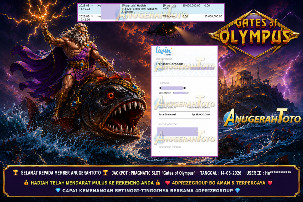 ANUGERAHTOTO JACKPOT PRAGMATIC SLOT “Gates of Olympus” Rp 35.000.000,- LUNAS