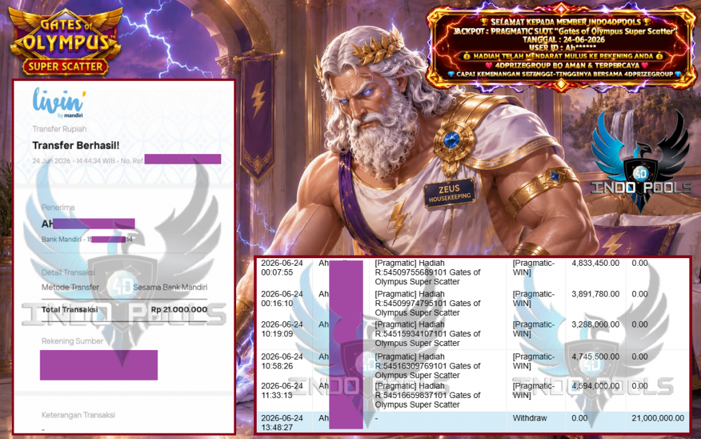 INDO4DPOOLS JACKPOT PRAGMATIC SLOT “Gates of Olympus Super Scatter” Rp 21.000.000,- LUNAS