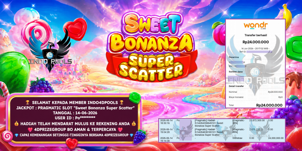 INDO4DPOOLS JACKPOT PRAGMATIC SLOT “Sweet Bonanza Super Scatter” Rp 24.000.000,- LUNAS