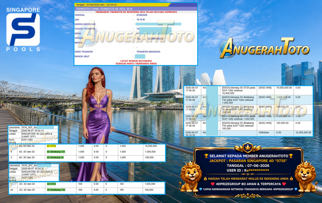 ANUGERAHTOTO JACKPOT PASARAN SINGAPORE 4D “0735” Rp 12.000.000,- LUNAS
