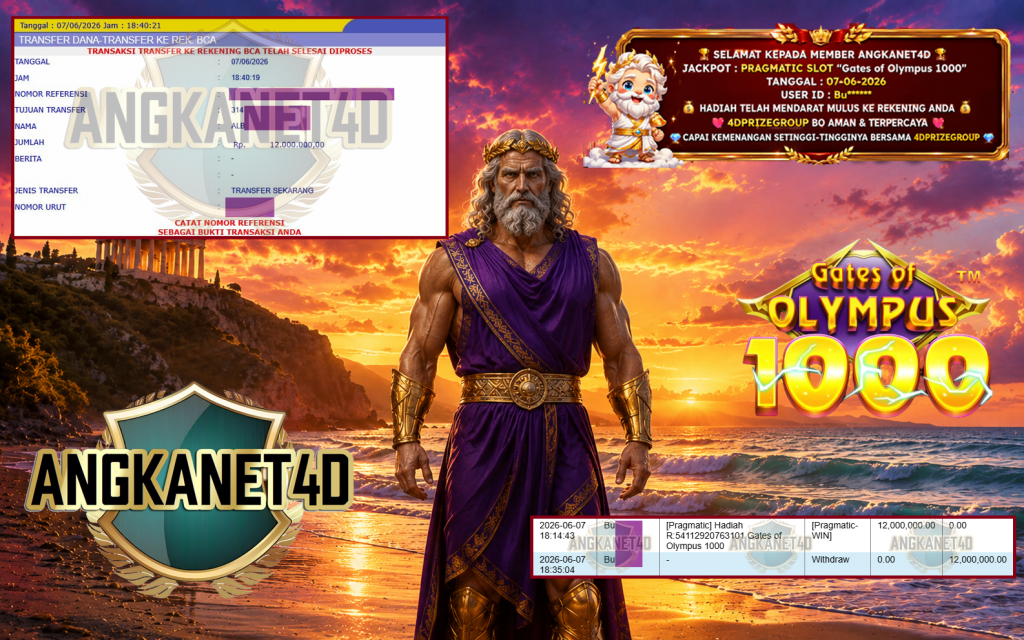 ANGKANET4D JACKPOT PRAGMATIC SLOT “Gates of Olympus 1000” Rp 12.000.000,- LUNAS