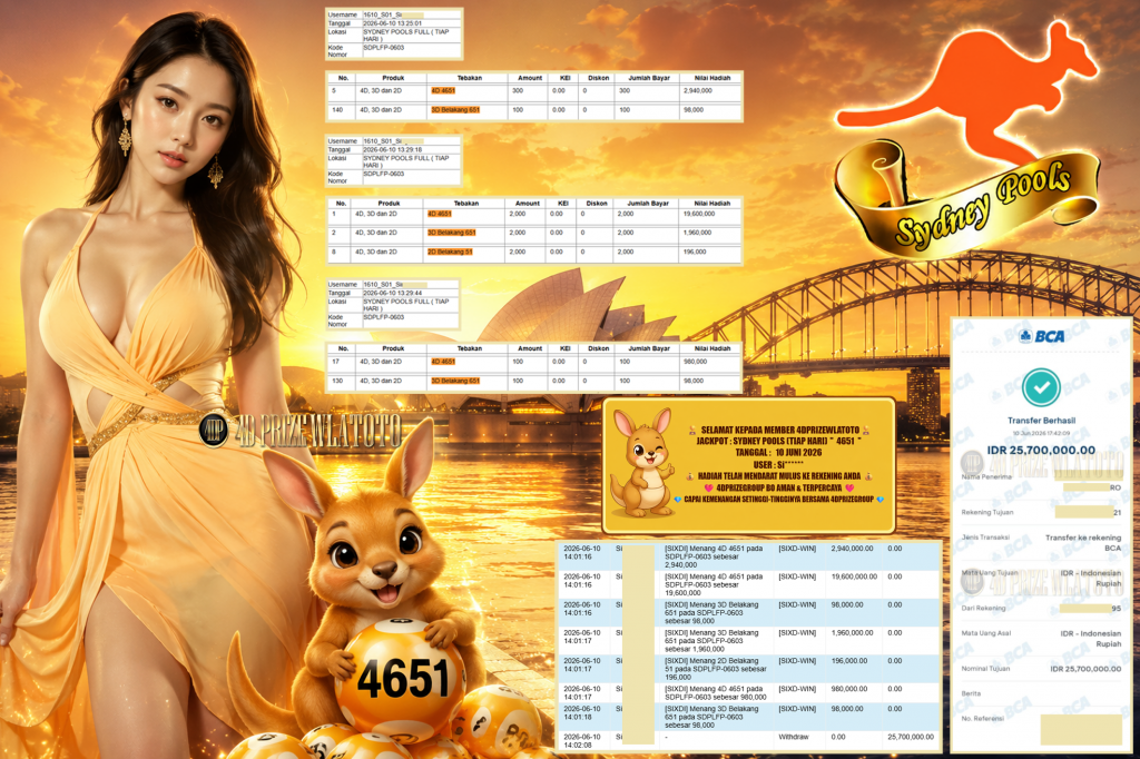 4DPRIZEWLATOTO JACKPOT SYDNEY POOLS (TIAP HARI) ” 4651 ” Rp 25.700.000,- LUNAS