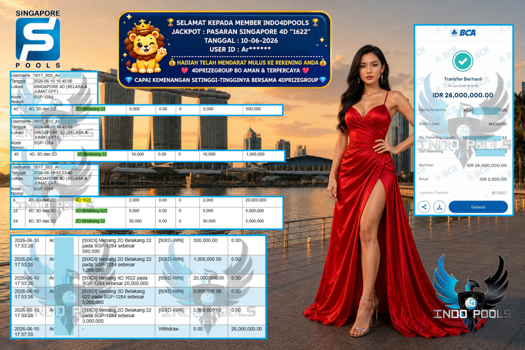 INDO4DPOOLS JACKPOT PASARAN SINGAPORE 4D “1622” Rp 26.000.000,- LUNAS