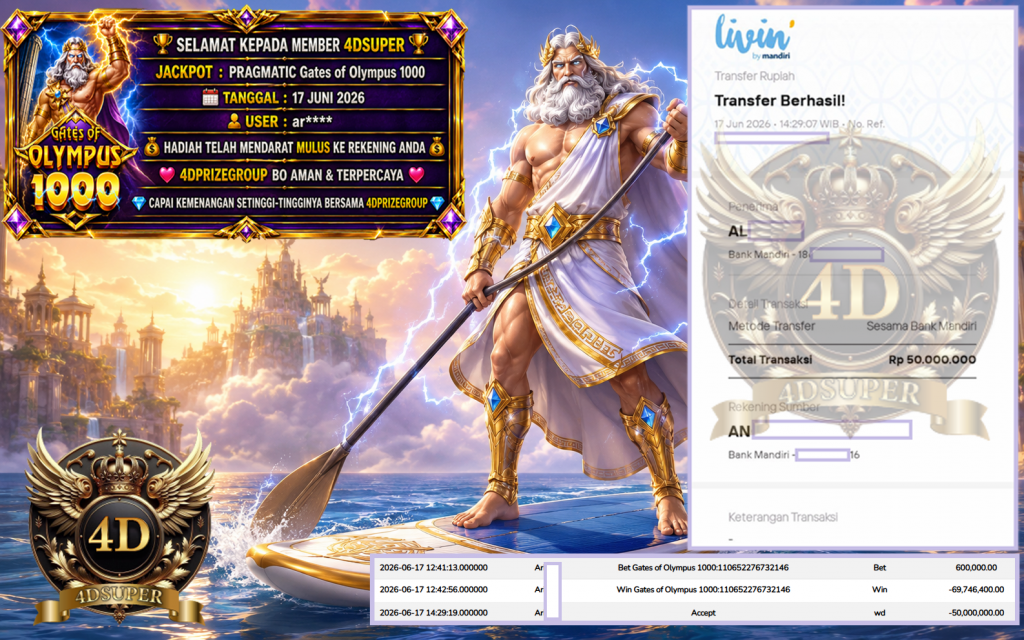 4DSUPER JACKPOT PRAGMATIC “Gates of Olympus 1000″‎‏‏‎‎ Rp50.000.000,- LUNAS