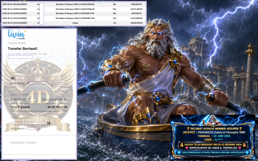 4DSUPER JACKPOT PRAGMATIC “Gates of Olympus 1000″ Rp39.300.000,- LUNAS