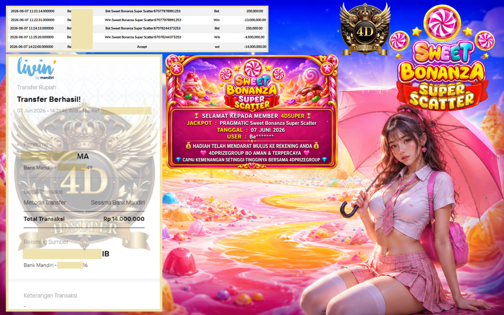 4DSUPER JACKPOT PRAGMATIC “Sweet Bonanza Super Scatter” Rp14.000.000,- LUNAS