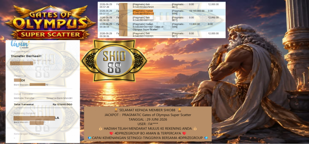 SHIO88 JACKPOT PRAGMATIC “Gates of Olympus Super Scatter” Rp 12.500.000 ,- LUNAS