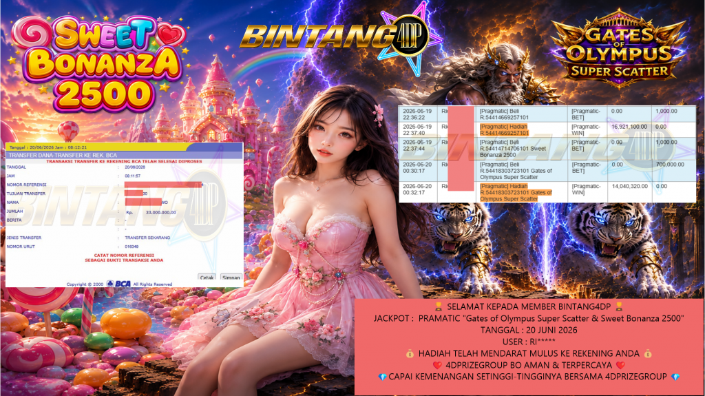 BINTANG4DP JACKPOT PRAMATIC βGates of Olympus Super Scatter & Sweet Bonanza 2500β Rp33.000.000,- LUNAS