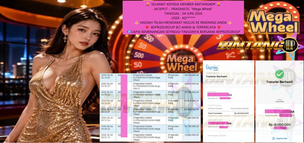 BINTANG4DP JACKPOT PRAGMATIC “Mega Wheel” Rp48.000.000,- LUNAS