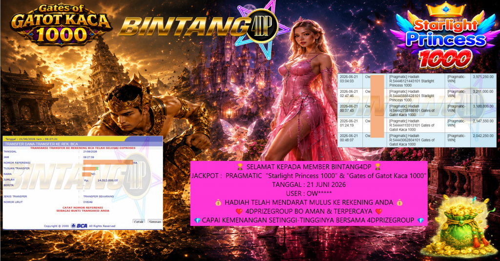 BINTANG4DP JACKPOT PRAGMATIC โStarlight Princess 1000โ & โGates of Gatot Kaca 1000โ Rp14.512.000,- LUNAS