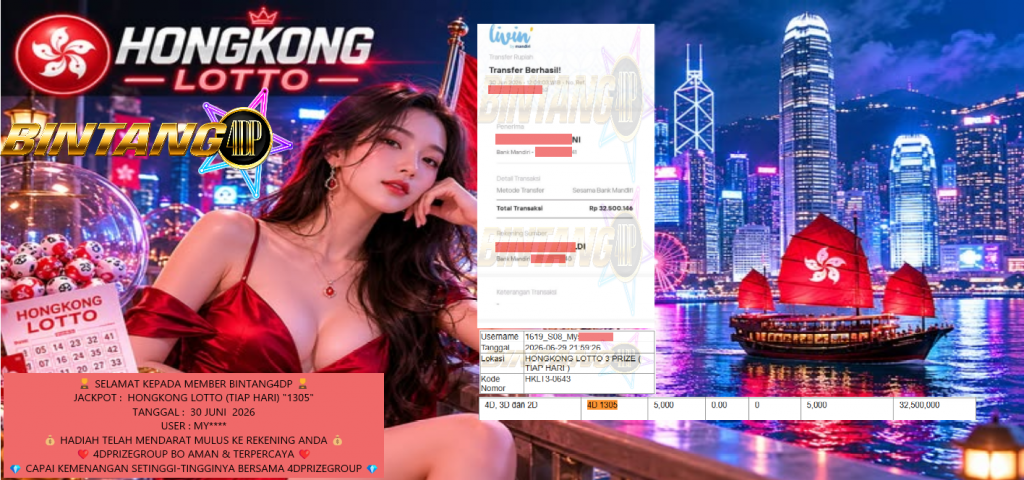 BINTANG4DP JACKPOT HONGKONG LOTTO (TIAP HARI) “1305”‎‏‏‎ Rp32.500.146,- LUNAS