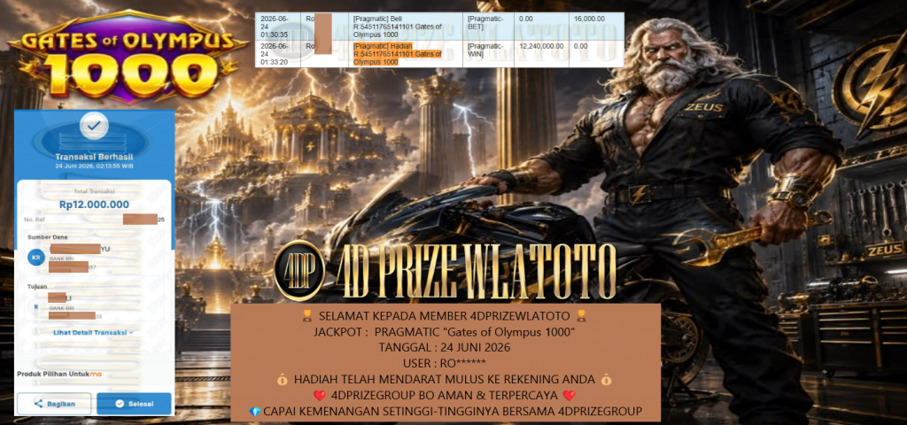 4DPRIZEWLATOTO JACKPOT PRAGMATIC โGates of Olympus 1000โ Rp12.000.000,- LUNAS