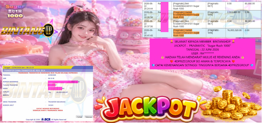 BINTANG4DP JACKPOT PRAGMATIC “Sugar Rush 1000” Rp18.000.000,- LUNAS