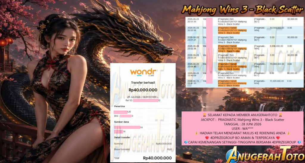 ANUGERAHTOTO JACKPOT PRAGMATIC “Mahjong Wins 3 – Black Scatter” Rp 40.000.000 ,- LUNAS