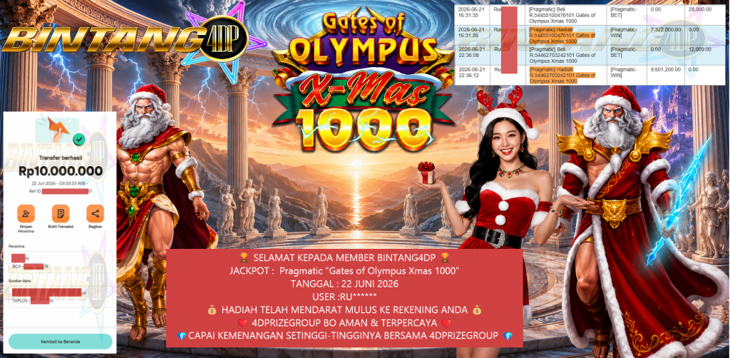 BINTANG4DP JACKPOT Pragmatic “Gates of Olympus Xmas 1000” Rp10.000.000,- LUNAS
