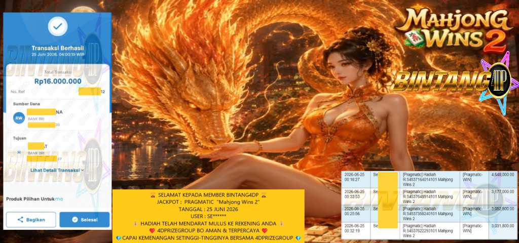 BINTANG4DP JACKPOT PRAGMATIC “Mahjong Wins 2” Rp16.000.000,- LUNAS