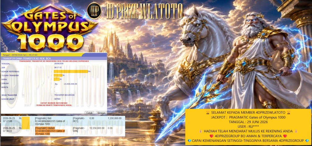 4DPRIZEWLATOTO JACKPOT PRAGMATIC “Gates of Olympus 1000” Rp 13.000.000 ,- LUNAS