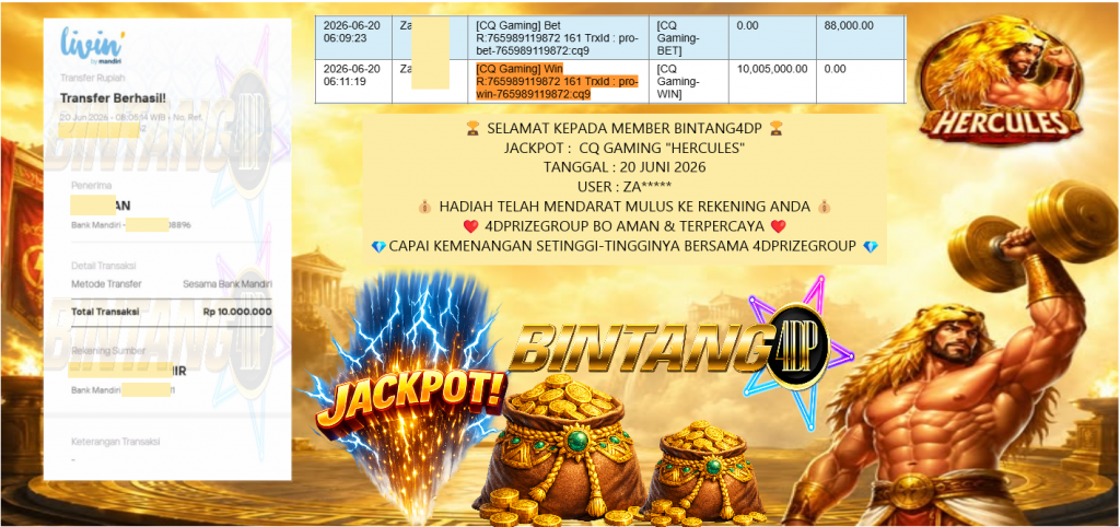 BINTANG4DP JACKPOT CQ GAMING βHERCULESβ Rp10.000.000,- LUNAS