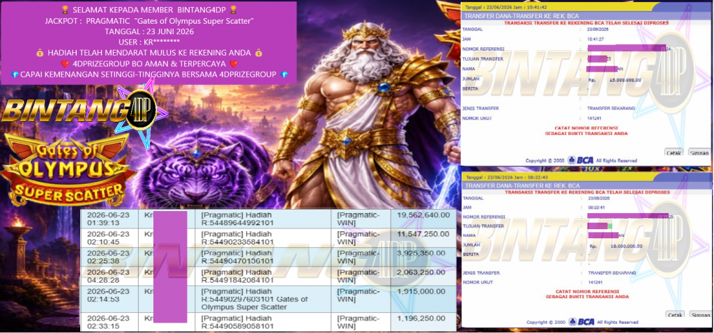 BINTANG4DP JACKPOT PRAGMATIC “Gates of Olympus Super Scatter” Rp33.000.000,- LUNAS