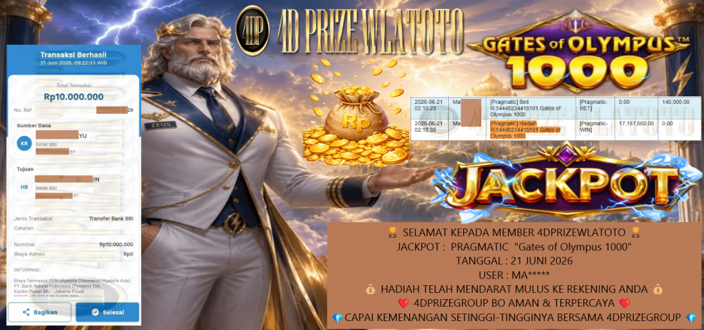 BINTANG4DP JACKPOT PRAGMATIC “Gates of Olympus 1000” Rp10.000.000,- LUNAS