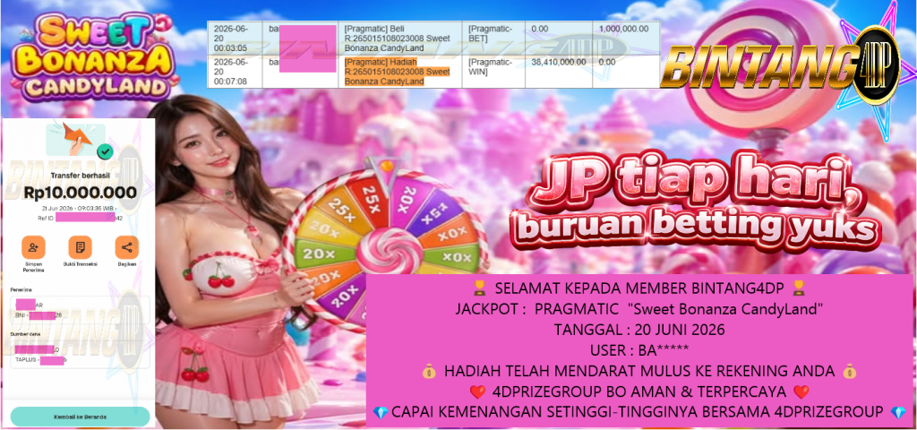 BINTANG4DP JACKPOT PRAGMATIC โSweet Bonanza CandyLandโ Rp10.000.000,- LUNAS