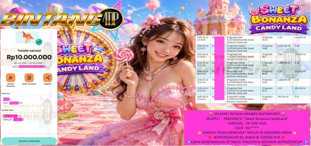BINTANG4DP JACKPOT PRAGMATIC “Sweet Bonanza CandyLand” Rp10.000.000,- LUNAS