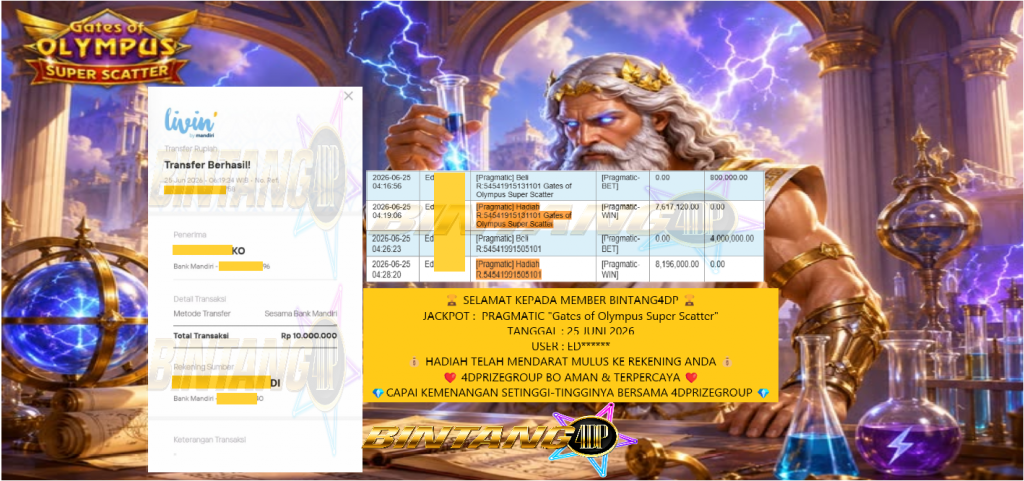 BINTANG4DP JACKPOT PRAGMATIC “Gates of Olympus Super Scatter” Rp10.000.000,- LUNAS