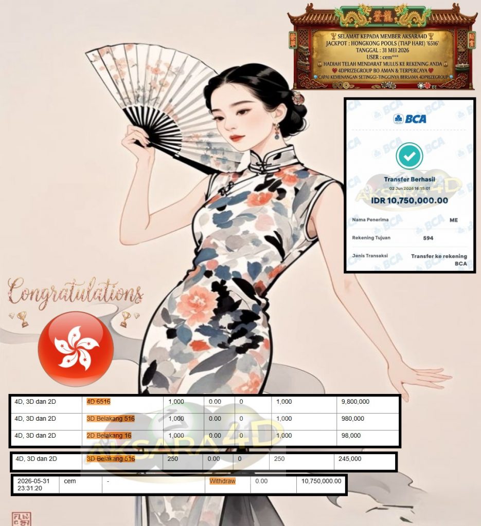 AKSARA4D JACKPOT HONGKONG POOLS (TIAP HARI) “6516” Rp10.750.000,- LUNAS