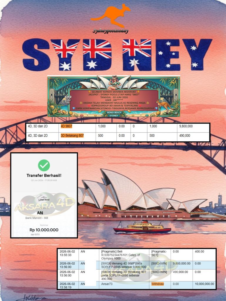 AKSARA4D JACKPOT SYDNEY POOLS (TIAP HARI) “9807” Rp10.000.000,- LUNAS