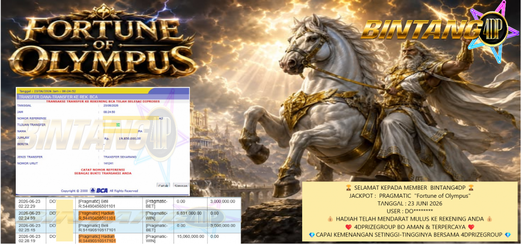 BINTANG4DP JACKPOT PRAGMATIC “Fortune of Olympus” Rp19.850.000,- LUNAS