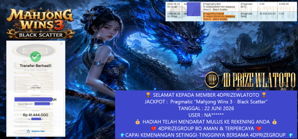 4DPRIZEWLATOTO JACKPOT Pragmatic “Mahjong Wins 3 – Black Scatter” Rp41.444.000,- LUNAS
