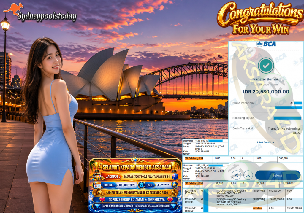 AKSARA4D JACKPOT PASARAN ” SYDNEY POOLS FULL ( TIAP HARI ) ”6154″ ” Rp 20,580,000,- LUNAS
