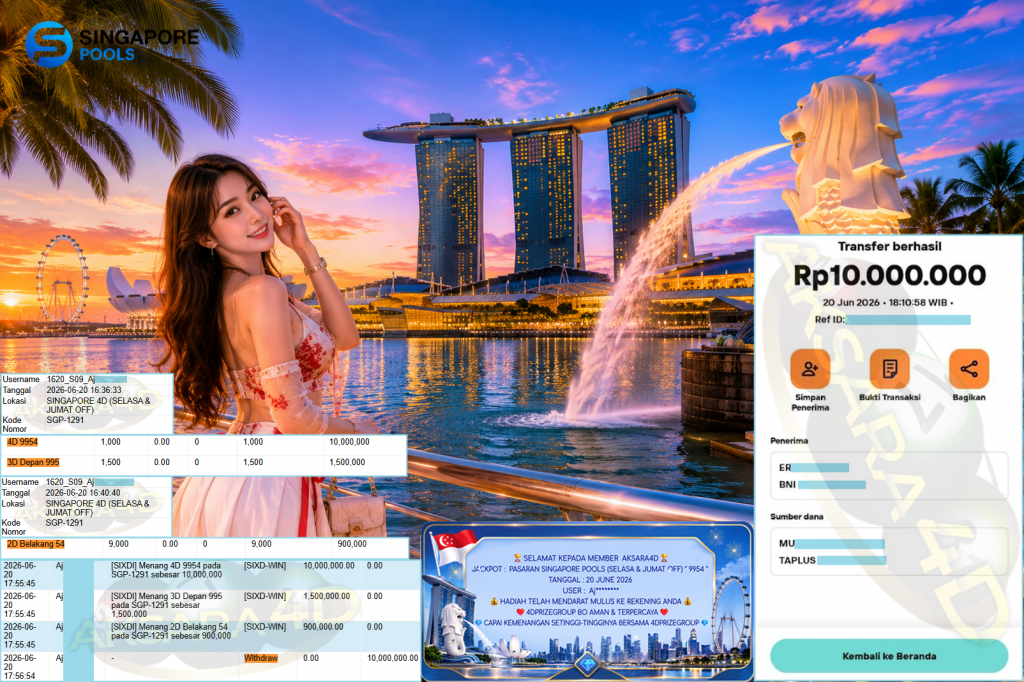 AKSARA4D JACKPOT PASARAN ” SINGAPORE POOLS (SELASA & JUMAT OFF) ” 9954 ” ” Rp 10,000,000,- LUNAS