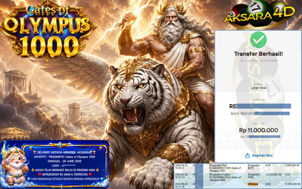 AKSARA4D JACKPOT PRAGMATIC ” Gates of Olympus 1000 ” Rp 11,000,000,- LUNAS