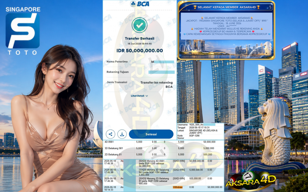 AKSARA4D JACKPOT PASARAN ” SINGAPORE TOTO (SELASA & JUMAT OFF) ” 8981 ” ” Rp 50,000,000,- LUNAS