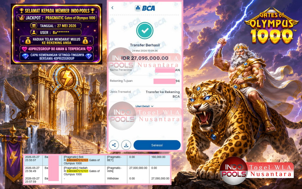 INDO-POOLS JACKPOT PRAGMATIC “Gates of Olympus 1000″‎‏‏‎‎ Rp27.095.000,- LUNAS