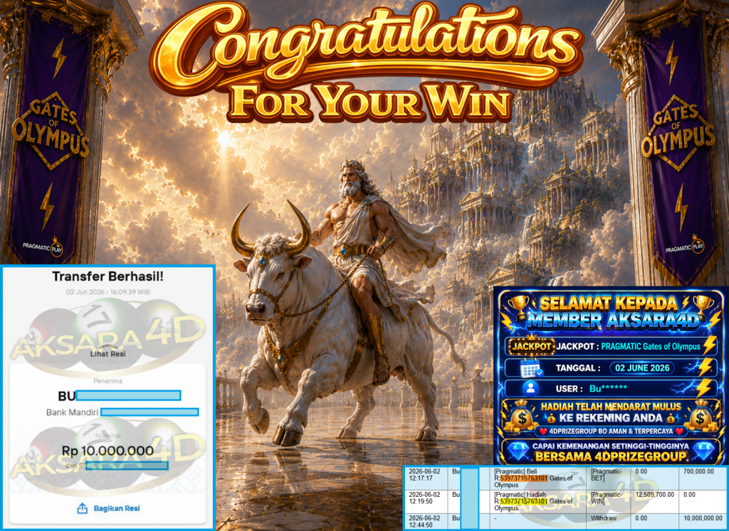 AKSARA4D JACKPOT PRAGMATIC ” Gates of Olympus ” Rp 10,000,000,- LUNAS