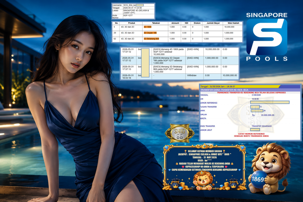 SHIO88 JACKPOT SINGAPORE (SELASA & JUMAT OFF) ” 1869 ” Rp 10.000.000,- LUNAS