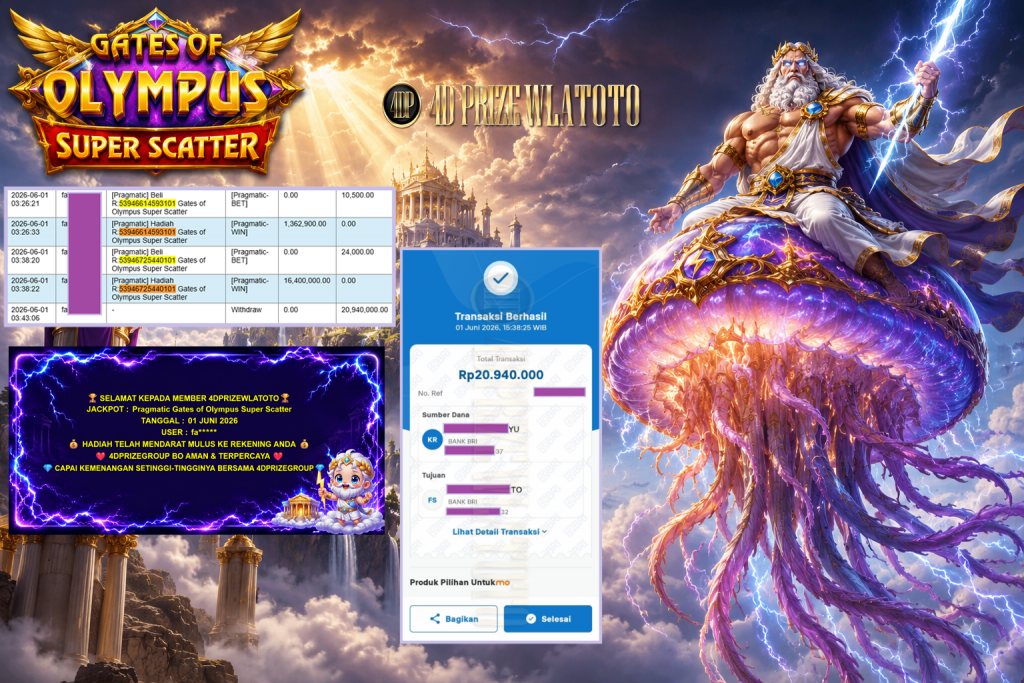 4DPRIZEWLATOTO JACKPOT PRAGMATIC ” Gates of Olympus Super Scatter ” Rp 20.940.000,- LUNAS