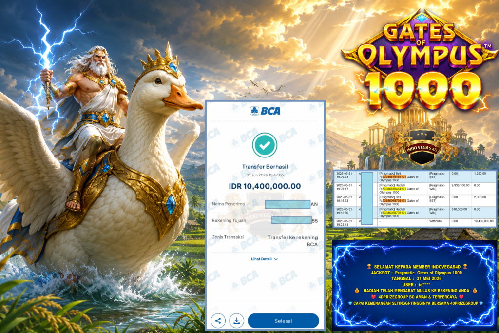 INDOVEGAS4D JACKPOT PRAGMATIC ” Gates of Olympus 1000 ” Rp 10.400.000,- LUNAS