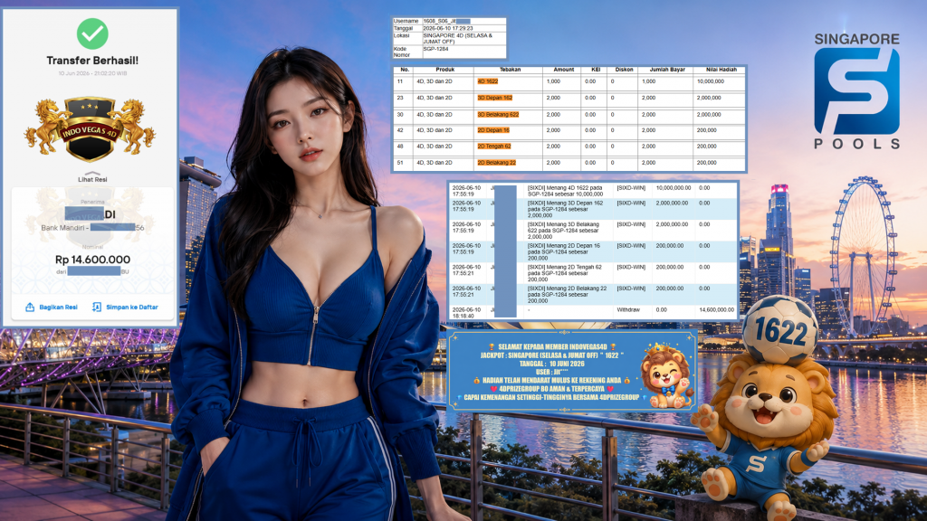 INDOVEGAS4D JACKPOT SINGAPORE (SELASA & JUMAT OFF) โ 1622 โ Rp 14.600.000,- LUNAS