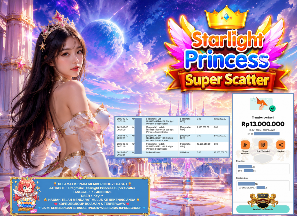 INDOVEGAS4D JACKPOT PRAGMATIC โ Starlight Princess Super Scatter โ Rp 13.000.000,- LUNAS
