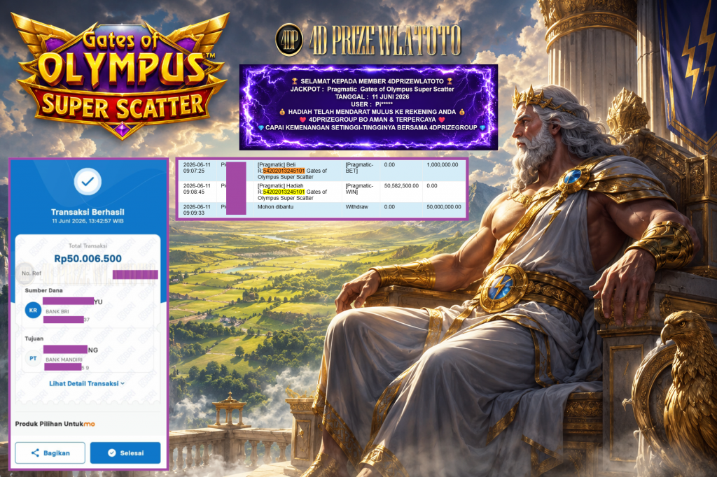 4DPRIZEWLATOTO JACKPOT PRAGMATIC ” Gates of Olympus Super Scatter ” Rp 50.000.000,- LUNAS