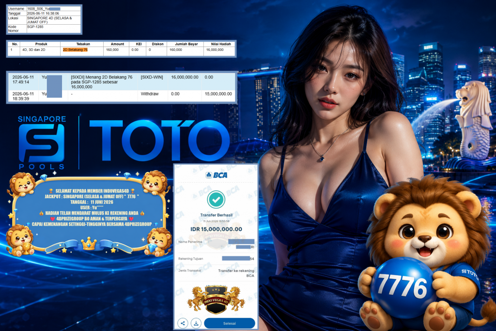 INDOVEGAS4D JACKPOT SINGAPORE (SELASA & JUMAT OFF) ” 7776 ” Rp 15.000.000,- LUNAS