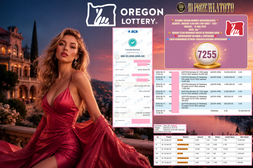 4DPRIZEWLATOTO JACKPOT OREGON 12:00 WIB (TIAP HARI) ” 7255 ” Rp 23.000.000,- LUNAS