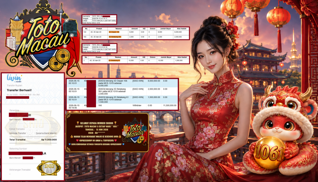 SHIO88 JACKPOT TOTO MACAU 5 (SETIAP HARI) ” 1061 ” Rp 11.300.000,- LUNAS