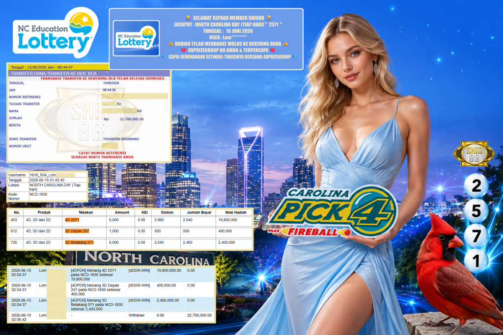 SHIO88 JACKPOT NORTH CAROLINA DAY (TIAP HARI) ” 2571 ” Rp 22.700.000,- LUNAS