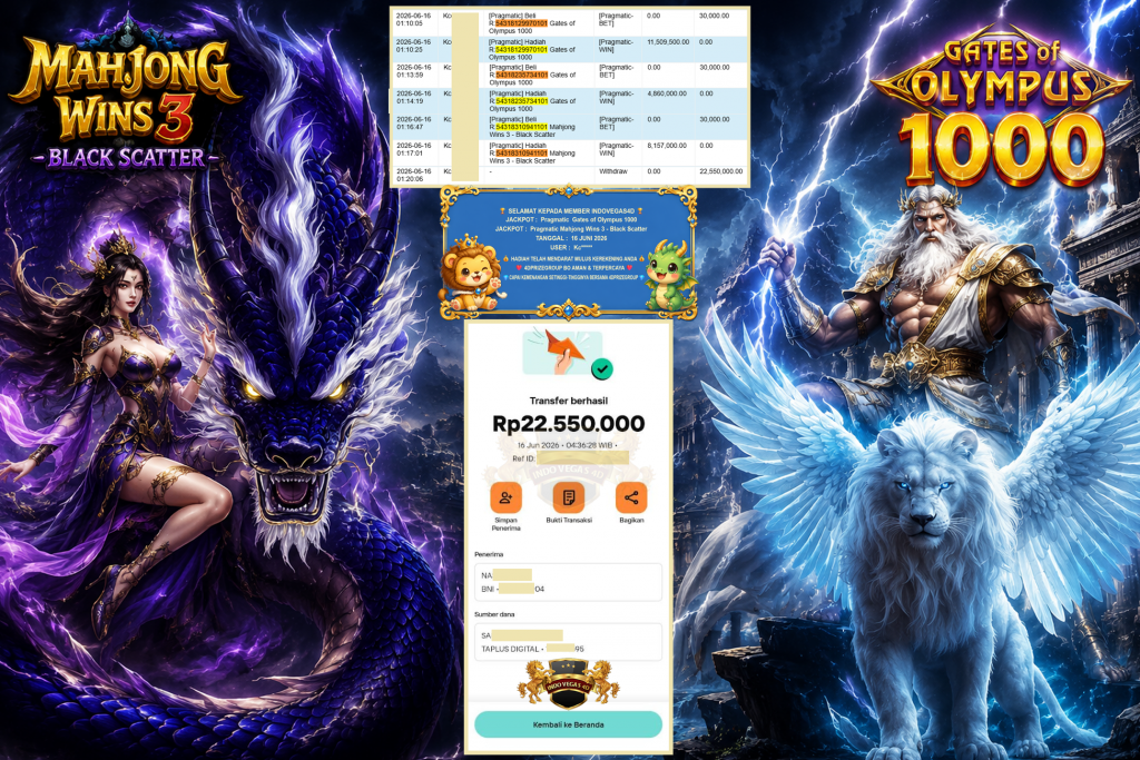 INDOVEGAS4D JACKPOT PRAGMATIC ” Gates of Olympus 1000 , Mahjong Wins 3 – Black Scatter ” Rp 22.550.000 ,- LUNAS