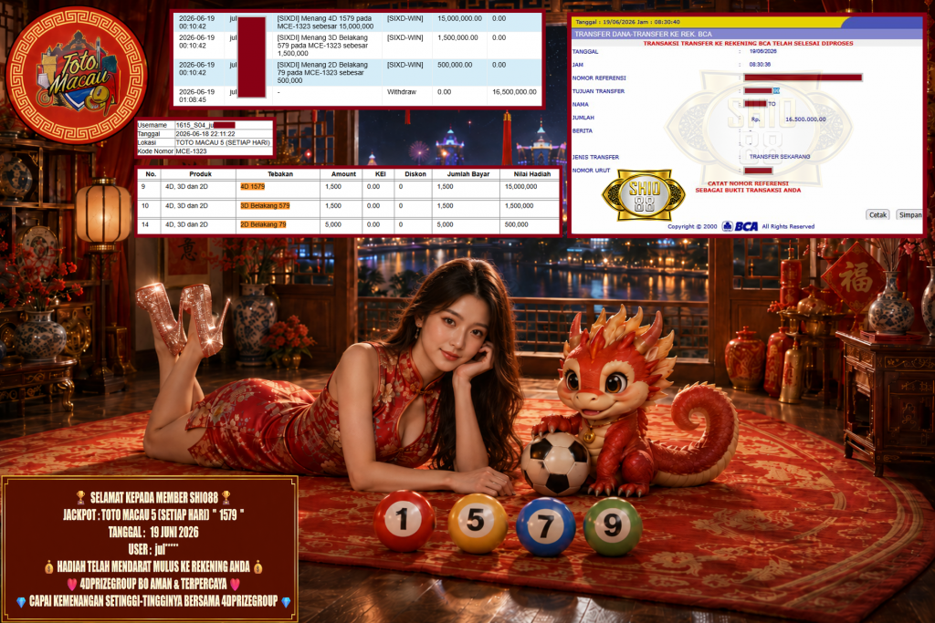 SHIO88 JACKPOT TOTO MACAU 5 (SETIAP HARI) β 1579 β Rp 16.500.000,- LUNAS